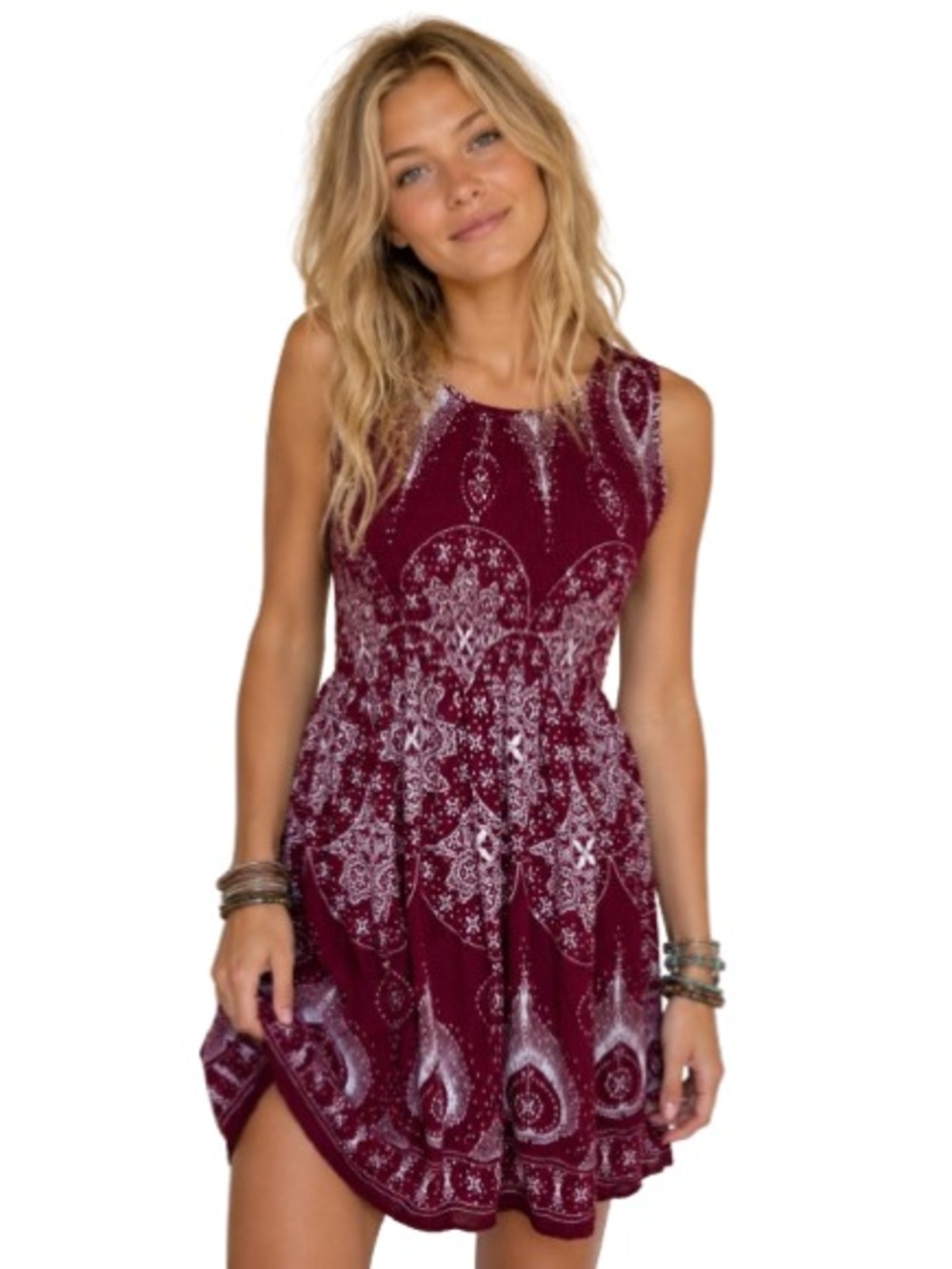 Romance Burgundy Rayon Boho Sundress Smocked Batik Print Festival Midi Dress